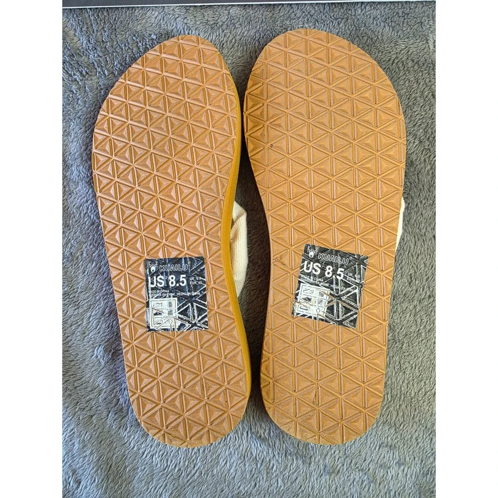 Kuailu Women Yoga Mat Flip Flops‎ Mustard Yellow White Fabric Strap Sandals 8.5